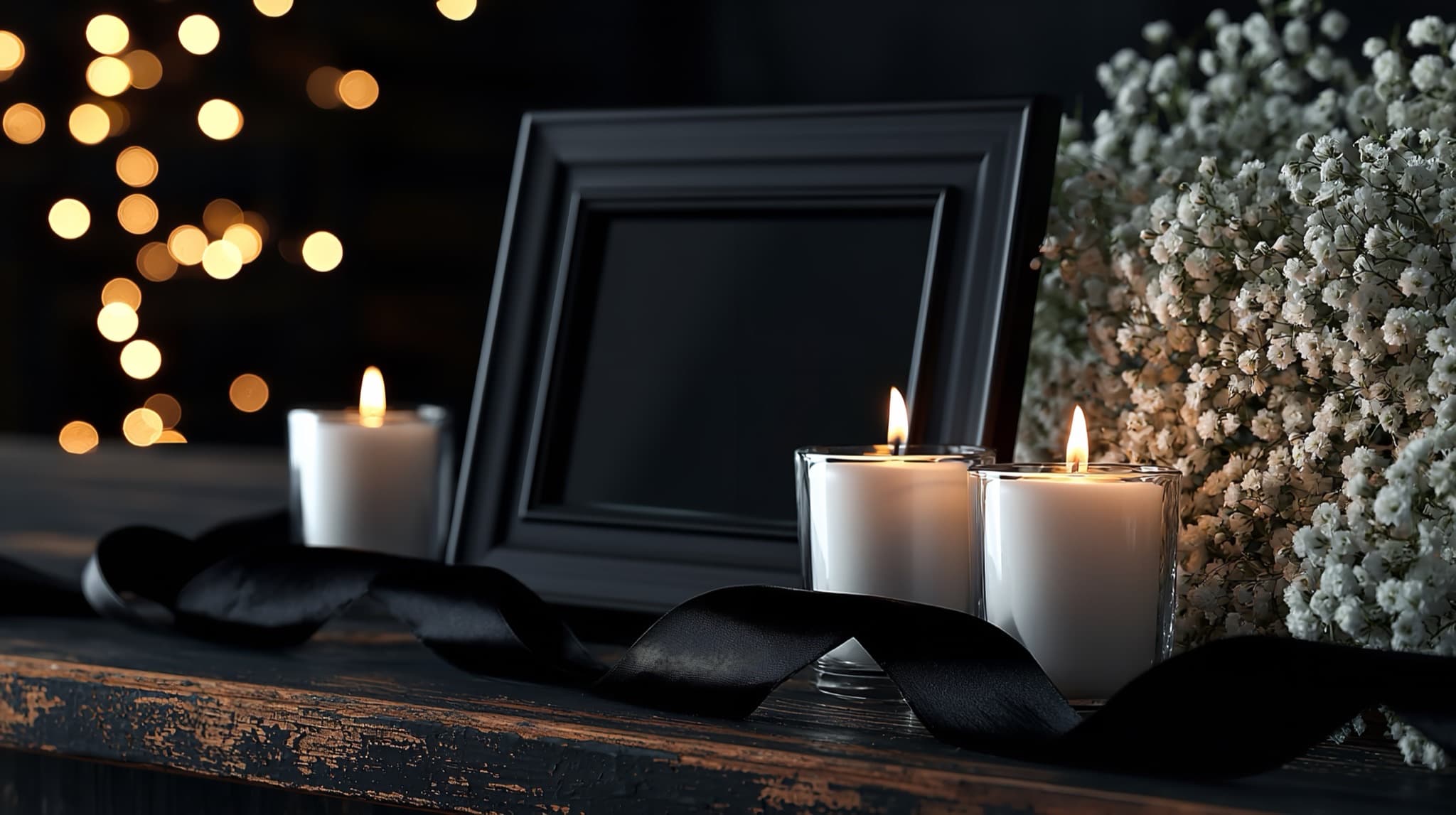 Memorial tribute display with a photo frame, candles and flowers